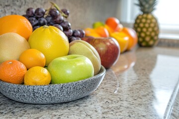 Aufkleber - Fresh fruit arrangement on a kitchen countertop highlighting vibrant colors and textures during daylight. Generative AI