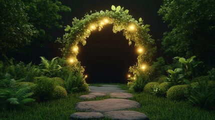Poster - Stone pathway leading to glowing archway and mystical doorway in dark forest with illuminated lights