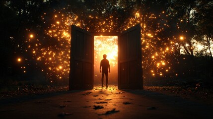 Poster - Man standing in front of a mystical doorway with glowing light in a dark forest setting