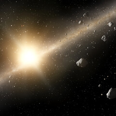 stellar disk with asteroid field and central sun radiance displaying celestial formation dynamics