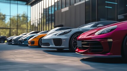 A lineup of sleek luxury sports cars is displayed in a contemporary showroom featuring large glass windows that let in sunlight. The design highlights the elegance and performance of each vehicle