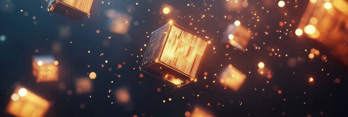 Leinwandbilder - Floating golden cubes illuminating the dark background with sparkling particles in a mesmerizing digital design. Generative AI