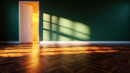 Poster - Open doorway illuminating a dark room with wooden floor and soft light creating a warm atmosphere