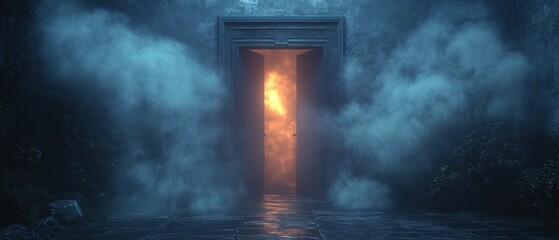 Poster - Open doorway leads to a mysterious fog filled passage in a dark eerie environment