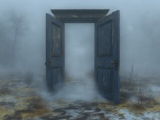 Poster - Blue door in a foggy field leading to a mysterious fog filled passageway