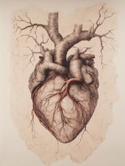 Poster - Artistic representation of a human heart with intricate branching veins and roots displayed on a textured background. Generative AI