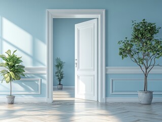 Poster - plant in pot placed near open doorway leading to bright semi-white space scene