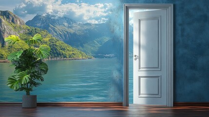 Poster - Open doorway leading to a scenic view of a tranquil lake through a semi-white space environment