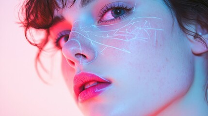 Wall Mural - Youthful model with artistic facial design in vibrant neon lighting showcasing beauty and creativity in an urban setting. Generative AI