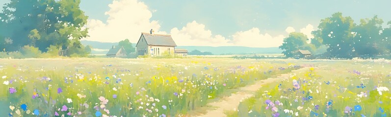Poster - A serene watercolor landscape depicting a classic countryside scene with wind elements.