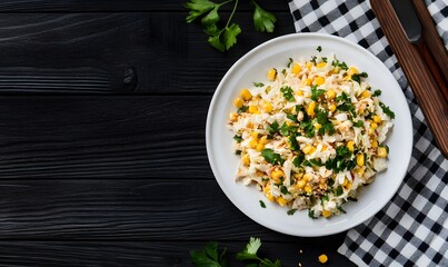 Wall Mural - Chinese cabbage slaw with corn in white plate, lots of extras on the table checkered cloth, Generative AI