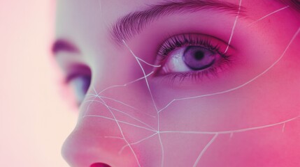 Poster - Close up of a womans eye with an artistic cracked effect and vibrant pink background showcasing creativity and emotion. Generative AI