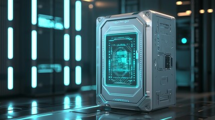 Poster - Futuristic Server Rack with Neon Blue Light in Modern Data Center