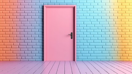 Poster - Pink door in front of a brick wall leading to an empty room symbolizing open opportunities and possibilities