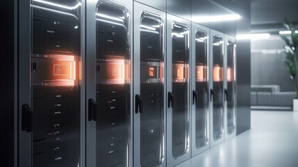 Poster - Modern Data Center Featuring Rows of Server Racks with LED Displays