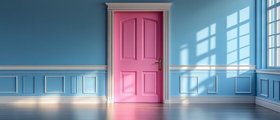Poster - pink door in blue room opening to empty space with light illuminating the entryway