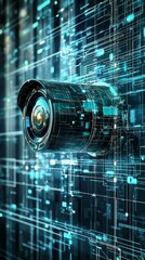 Poster - Modern Surveillance Camera with Data Visualization Background