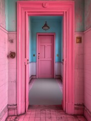 Poster - pink door in a pink room with an open doorway leading to an empty space
