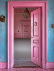 Poster - pink door and doorway leading to an empty room interior with blank walls and no furniture visible