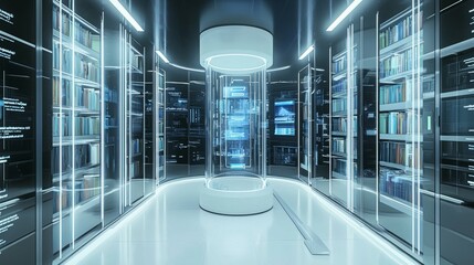 Poster - Futuristic Library Interior with Digital Displays and Glass Shelves