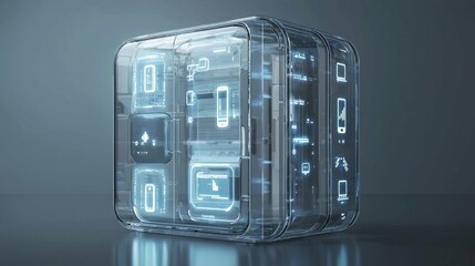 Poster - Futuristic Transparent Cube with Digital Interfaces and Connectivity Icons
