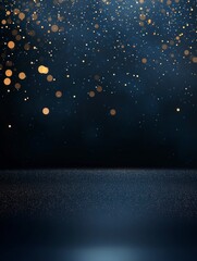 Wall Mural - Dark blue background with glowing particles and bokeh lights. Abstract dark blue background for product presentation, display, or studio room with blurred reflection on the floor.