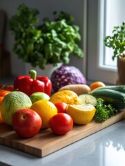 Leinwandbilder - Fresh assortment of colorful vegetables and fruits arranged on a wooden cutting board in a bright kitchen setting. Generative AI