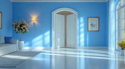 Poster - Bright living room with a couch and sunlight streaming through an open doorway and window