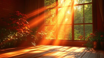 Poster - Sunlight streaming through a window with rays of light illuminating the doorway in a bright room