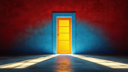 Poster - Yellow door in red wall with rays of light emerging from doorway bright colorful architectural detail