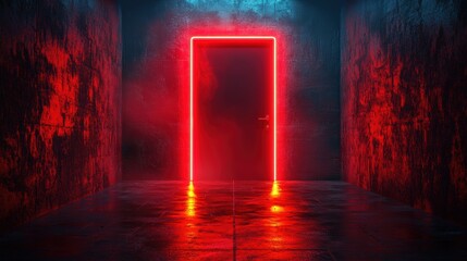 Poster - Red door in a dark room illuminated by neon light in a high-detail 3d illustration
