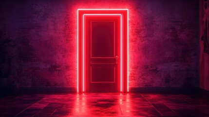 Poster - Red door with neon sign illuminated in a vibrant 3d illustration high detail and high fidelity design