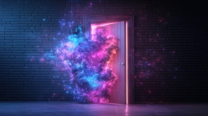 Poster - Colorful smoke explosion emerging from a red neon doorway in a 3d illustration with high fidelity details