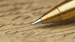 © Windi - Close-up gold pen writing antique letter, parchment background