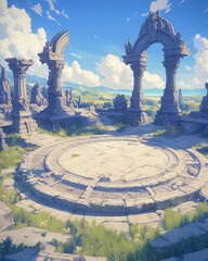 Wall Mural - An ancient battle arena with stone pillars and lush grass on a tranquil plain under a cloudy sky