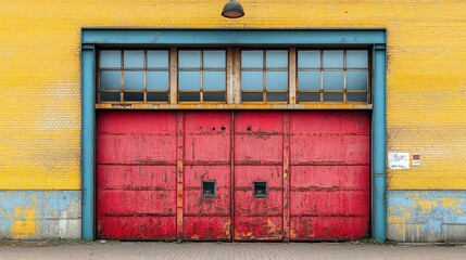 Poster - Red doorway on yellow brick building with rusty texture in abandoned factory setting