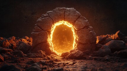 Poster - Rock with a hole and glowing doorway in a weathered wall creating an intriguing natural scene