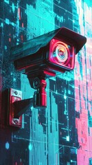 Poster - Surveillance camera against a vibrant digital backdrop in neon style