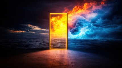 Poster - Silhouette of a person standing near a glowing doorway leading to a new world at dusk