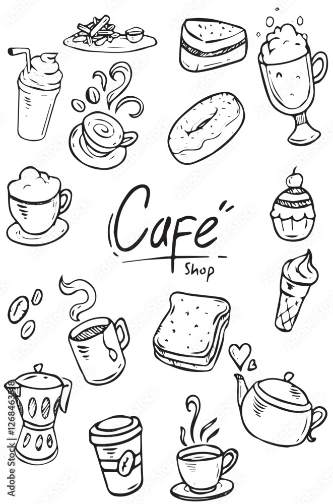 Black and white doodle drawing of coffee themed items. Suitable for ...