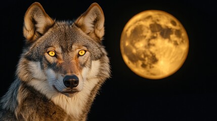 Aufkleber - Wolf gazing at a full moon with bright yellow eyes in a dark night sky. Generative AI