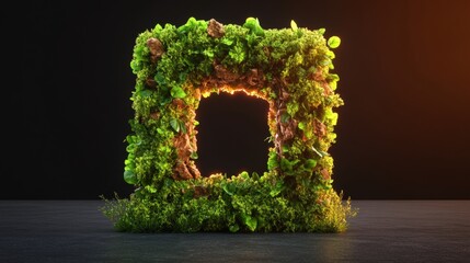 Poster - Green letter formed from leaves with surreal doorway leading to a mysterious desert landscape