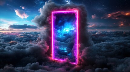 Poster - pink and blue light shining through clouds with a surreal glowing doorway in a vast empty room