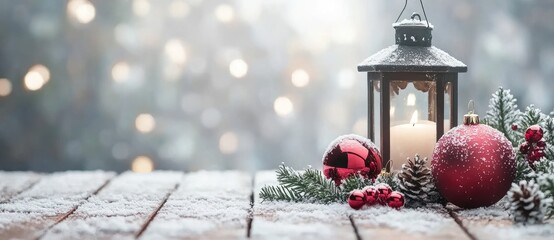 Wall Mural - a glowing lantern with red ornaments, pine branches, and snow-covered pinecones on a frosty wooden s