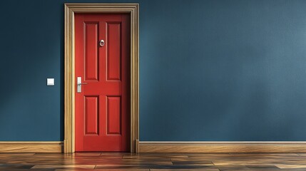 Poster - red door in a blue room illuminated by dark blue radiant light creating a symbolic doorway effect