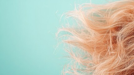 Aufkleber - Frayed hair tips with split ends showing the effects of damage on blonde hair against a light blue background. Generative AI