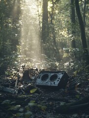 Poster - Black box recorder found in wooded area among scattered airplane debris and trees. Generative AI