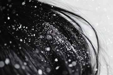 Aufkleber - Close up view of dandruff flakes on dark hair strands with clear text space for information or captions. Generative AI
