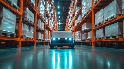 Poster - modern autonomous delivery vehicle navigating a spacious warehouse aisle surrounded by neatly stacke
