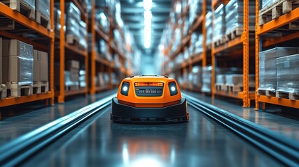 Poster - autonomous delivery robot navigating through a well-organized warehouse aisle with pallet racking an
